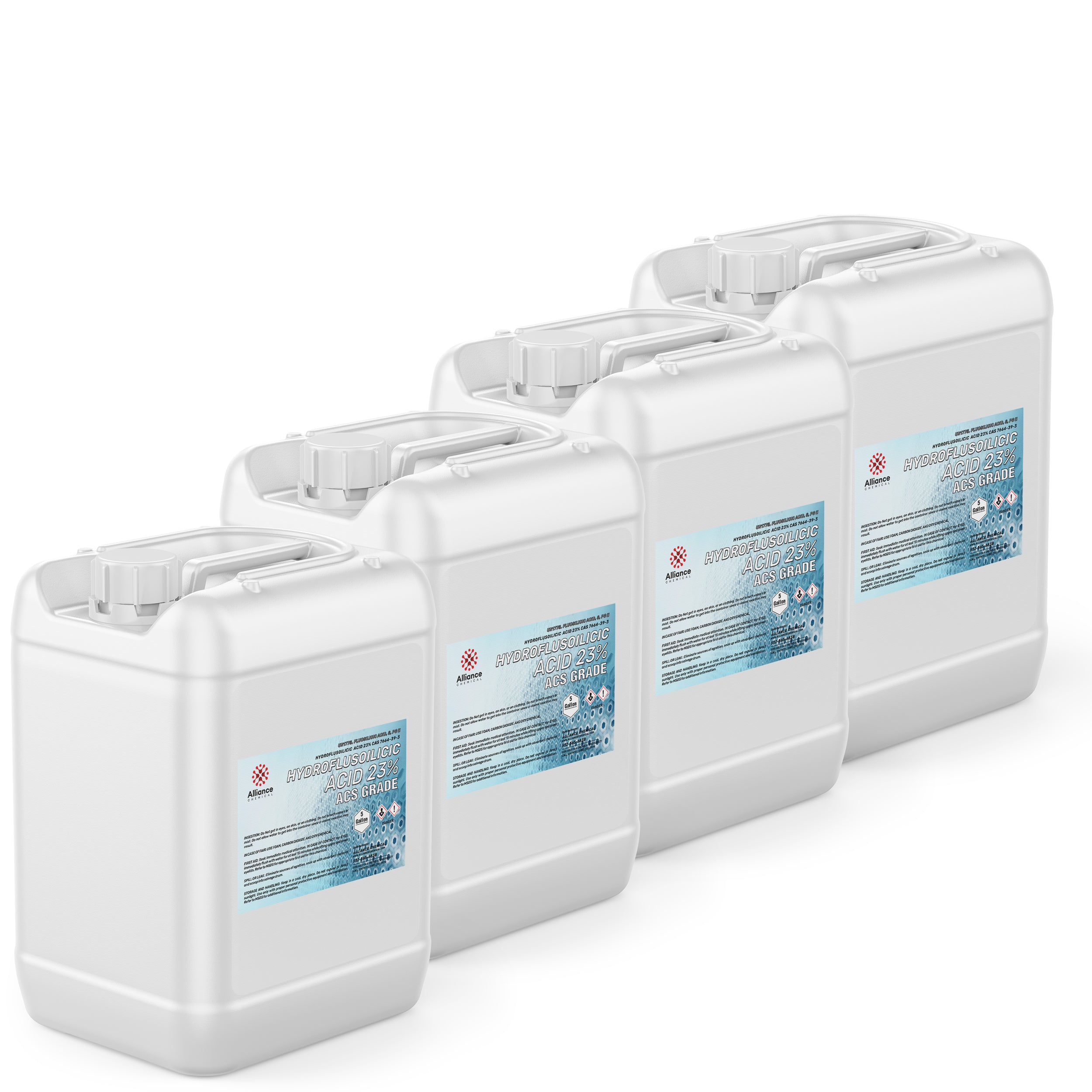 4x5-gallon white HDPE containers of 23% Hydrofluorosilicic Acid (ACS Grade) with blue safety labels, chemical hazard warnings, and secure screw caps.